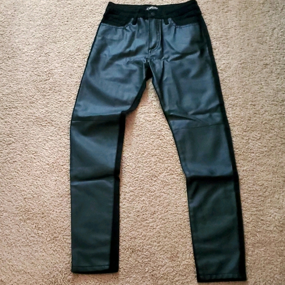 Vegan leather front panel black skinny jeans